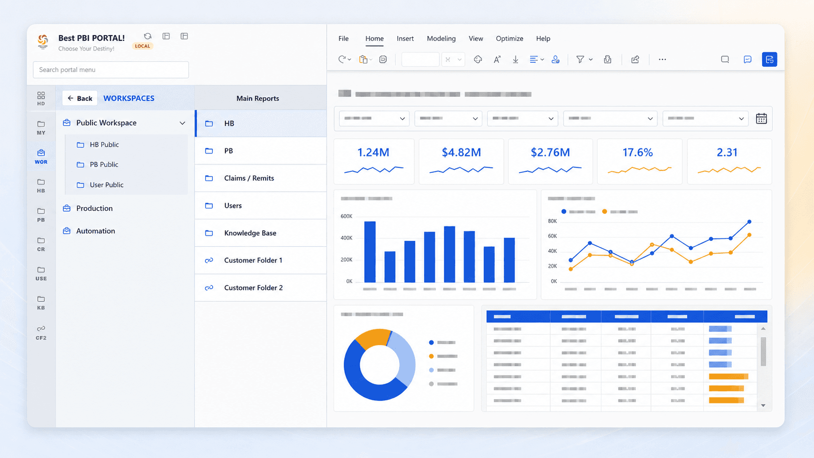 LumioBI expanded portal navigation alongside a Power BI report