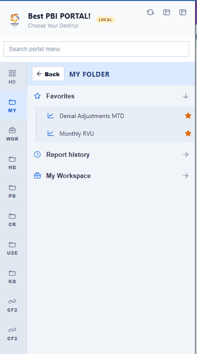 LumioBI favorites list inside a portal folder