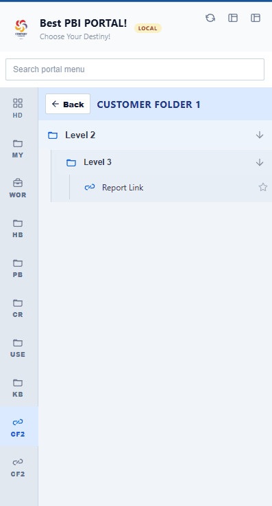 LumioBI layered navigation with nested folders and a report link