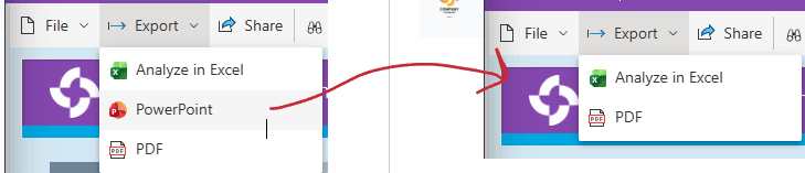 Power BI export menu before and after global CSS control