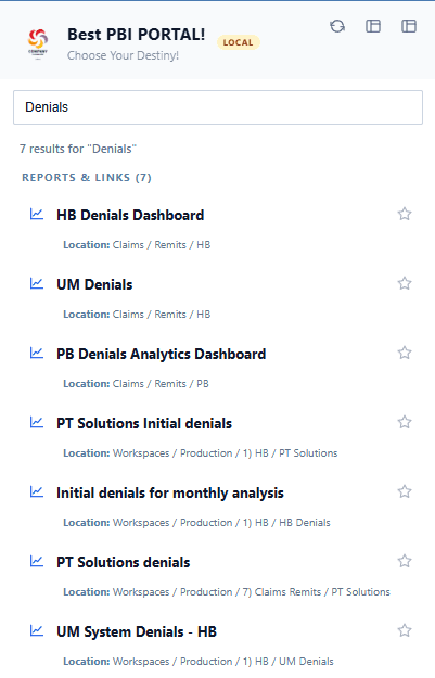 LumioBI search results unified from custom navigation and multiple workspaces